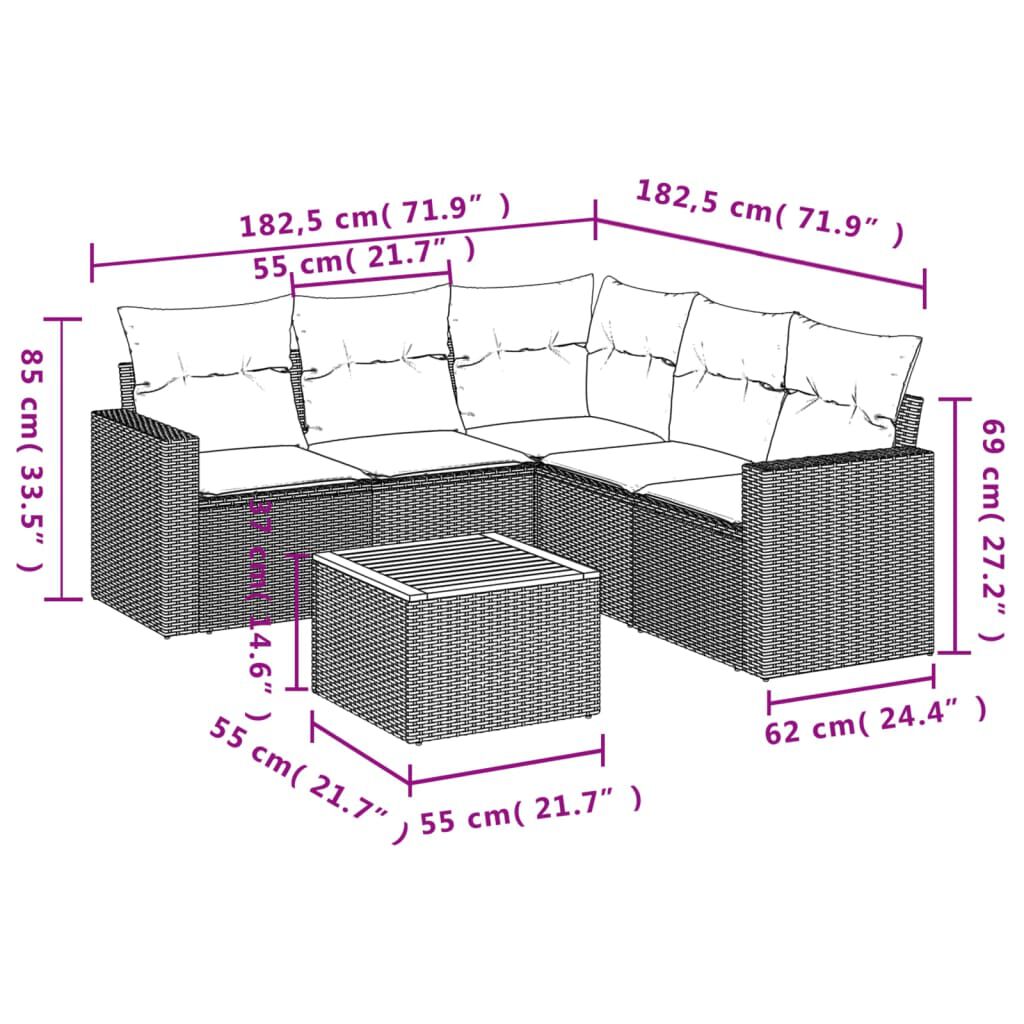vidaXL 6 Piece Garden Sofa Set with Cushions Grey Poly Rattan