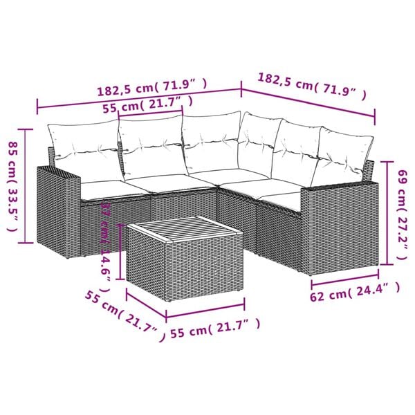 vidaXL 6 Piece Garden Sofa Set with Cushions Grey Poly Rattan