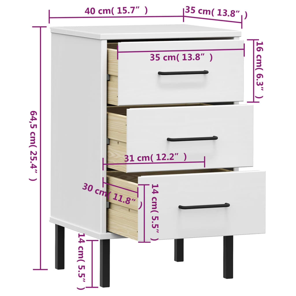 vidaXL Bedside Cabinet with Metal Legs White Solid Wood Pine OSLO