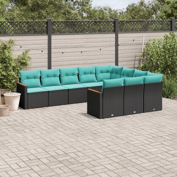 vidaXL 10 Piece Garden Sofa Set with Cushions Black Poly Rattan