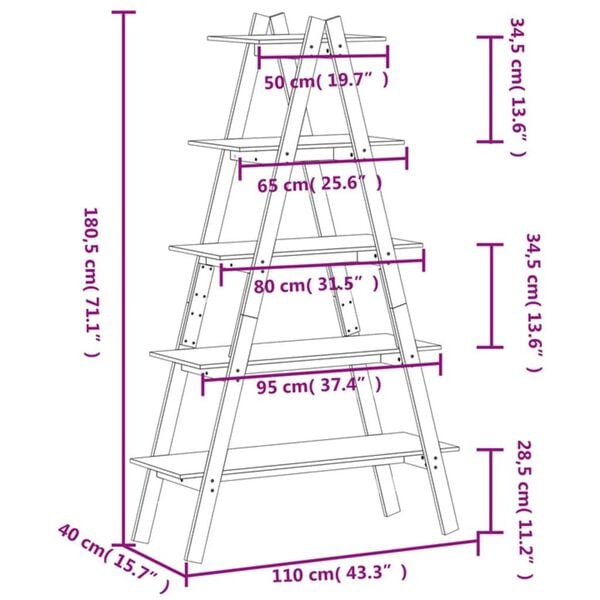 vidaXL 5-Tier Shelf A-shape 110x40x180.5 cm Solid Wood Pine