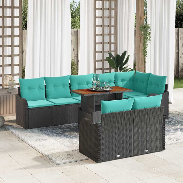 vidaXL 9 Piece Garden Sofa Set with Cushions in Black Poly Rattan and Acacia