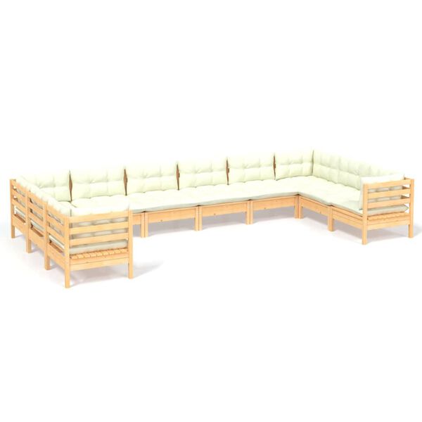 vidaXL 10 Piece Garden Lounge Set with Cream Cushions Pinewood