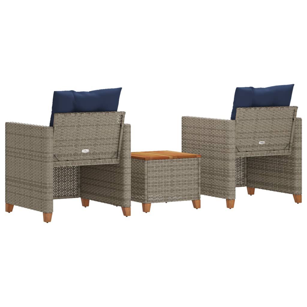vidaXL 3 Piece Bistro Set with Cushions Grey Poly Rattan Acacia Wood