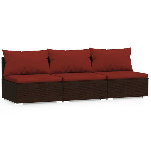 vidaXL 3-Seater Sofa with Cushions Brown Poly Rattan