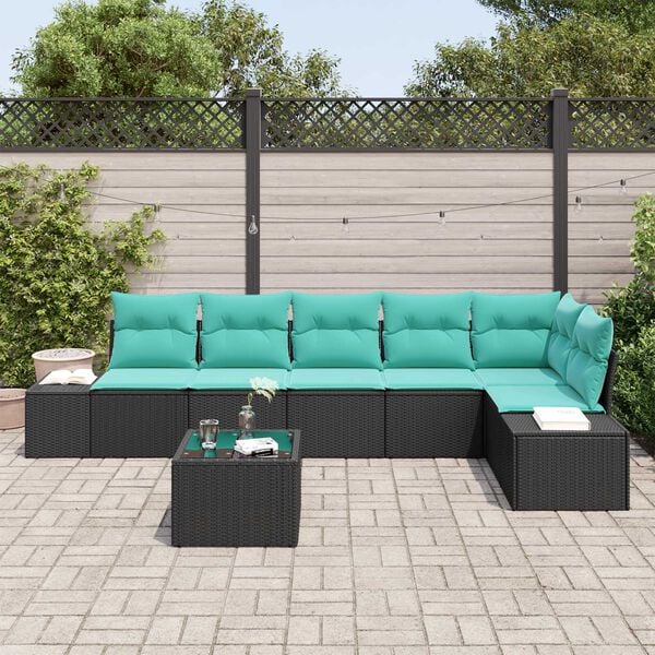 vidaXL 7 Piece Garden Sofa Set with Cushions Black Poly Rattan