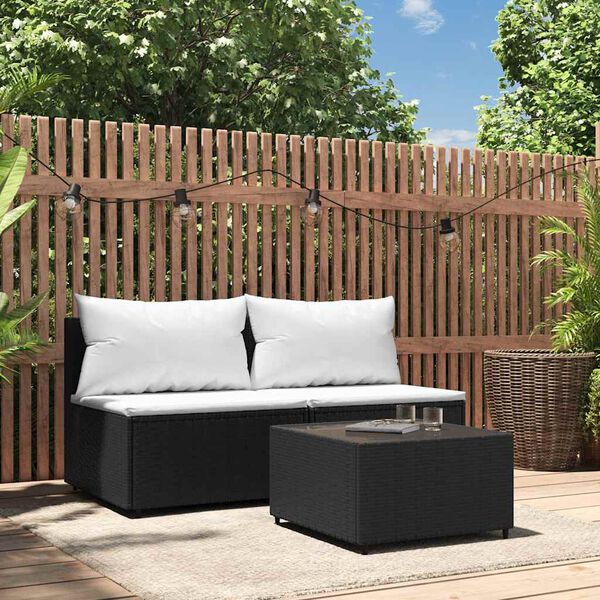 vidaXL 3 Piece Garden Lounge Set with Cushions Black Poly Rattan