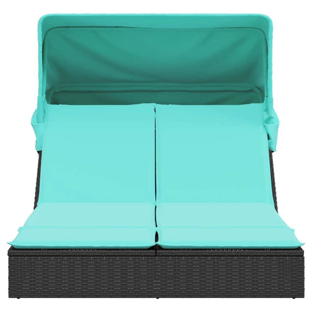 vidaXL Double Sun Lounger with Canopy and Cushions Black Poly Rattan