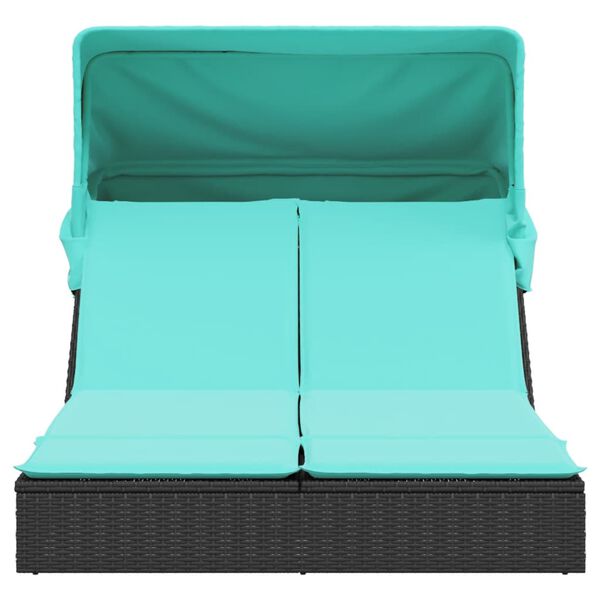 vidaXL Double Sun Lounger with Canopy and Cushions Black Poly Rattan