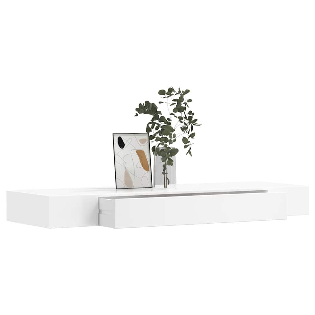 White MDF Floating Wall Display Shelf 1 Drawer Book/DVD Storage