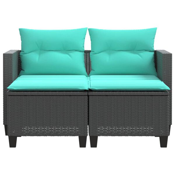vidaXL Garden Sofa 2-Seater with Stools Black Poly Rattan
