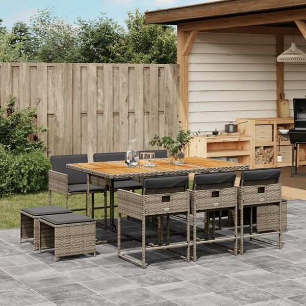 vidaXL 11 Piece Garden Dining Set with Cushions Grey Poly Rattan