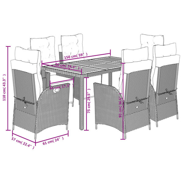 vidaXL 7 Piece Garden Dining Set with Cushions Grey Poly Rattan