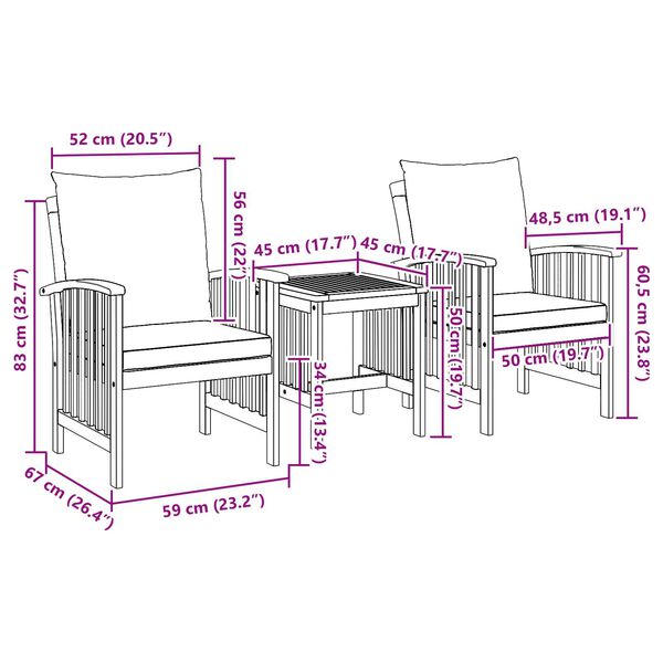 vidaXL 3 Piece Garden Lounge Set with Cushions Solid Acacia Wood