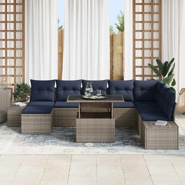 vidaXL Garden Sofa Set 9 pcs Grey and Navy Blue Poly Rattan