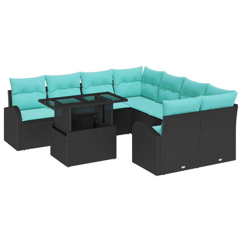 vidaXL 9 Piece Garden Sofa Set with Cushions Black Poly Rattan