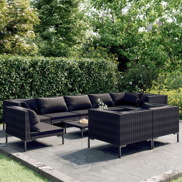 vidaXL 10 Piece Garden Lounge Set with Cushions Poly Rattan Dark Grey