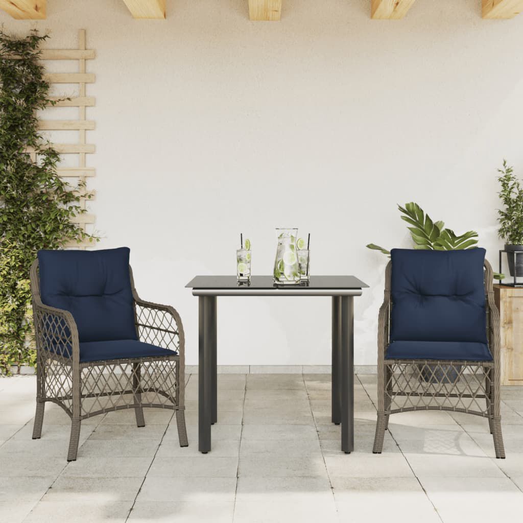 vidaXL 3 Piece Bistro Set with Cushions Grey Poly Rattan
