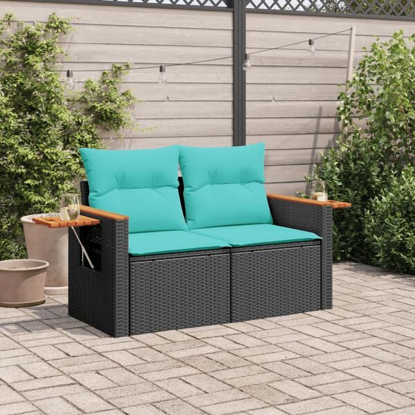 vidaXL Garden Sofa with Cushions 2-Seater Black Poly Rattan