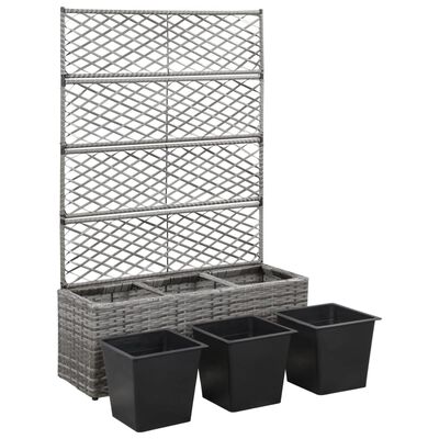 vidaXL Trellis Raised Bed with 3 Pots 83x30x130 cm Poly Rattan Grey