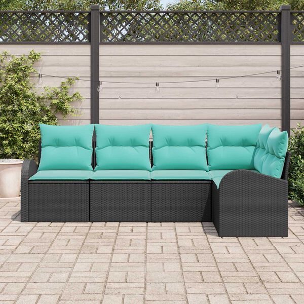 vidaXL Sofa Set with Cushion 5 pcs Black and turquoise Poly Rattan