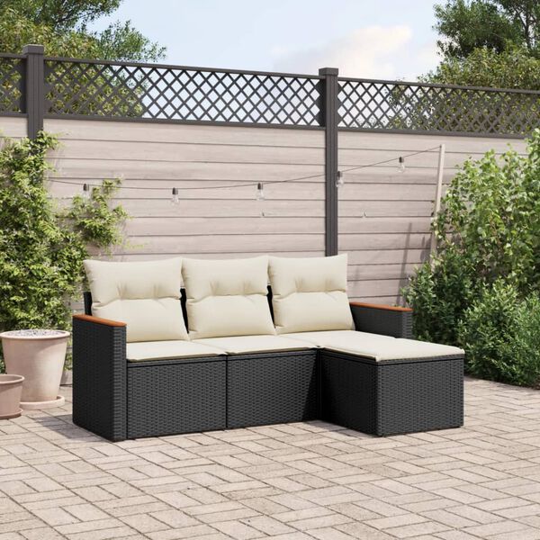 vidaXL 4 Piece Garden Sofa Set with Cushions Black Poly Rattan