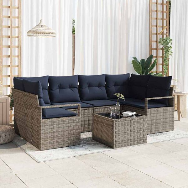 vidaXL Sofa Set 7 pcs Grey and Blue Poly Rattan