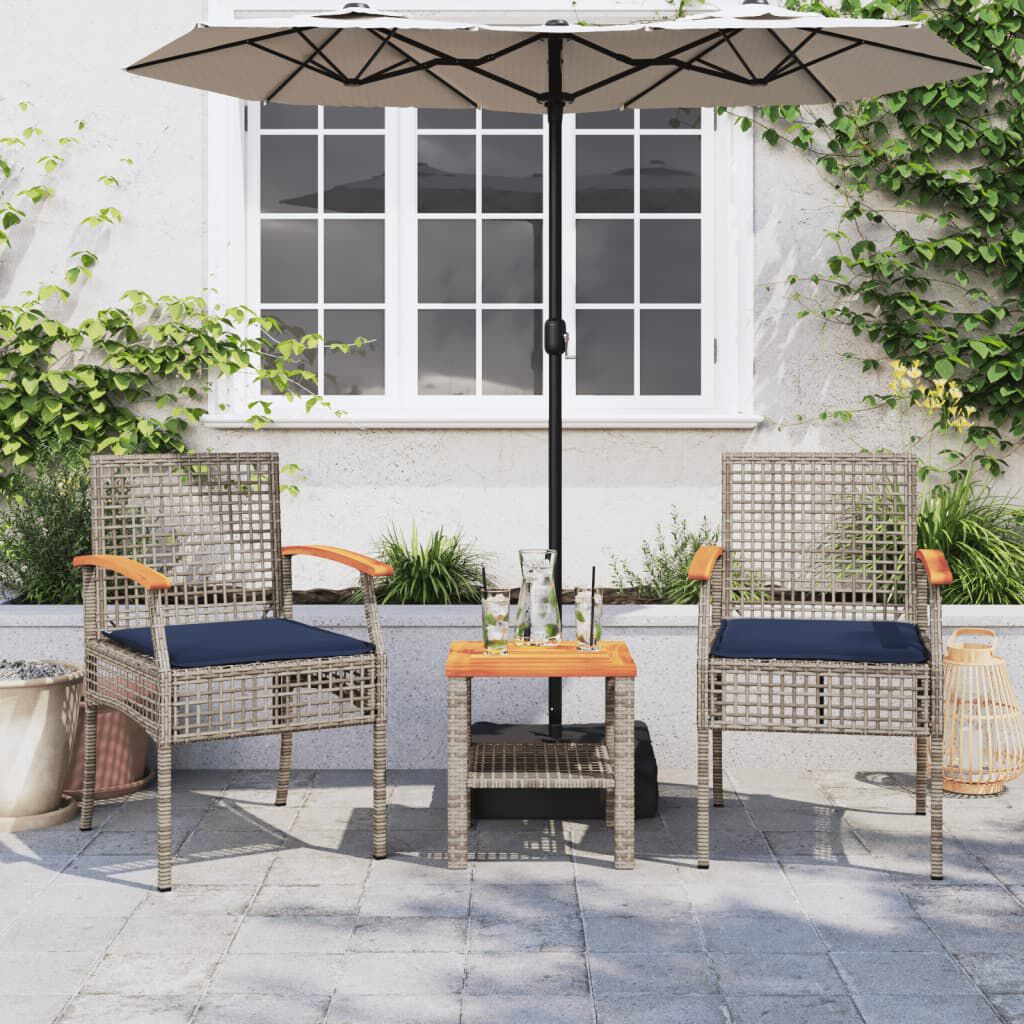 vidaXL 3 Piece Bistro Set with Cushions Grey Poly Rattan Acacia Wood