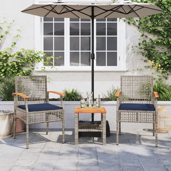 vidaXL 3 Piece Bistro Set with Cushions Grey Poly Rattan Acacia Wood