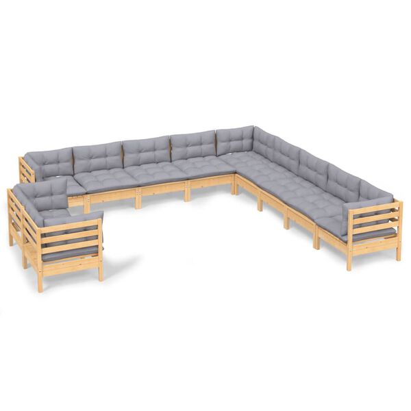 vidaXL 11 Piece Garden Lounge Set with Grey Cushions Solid Pinewood
