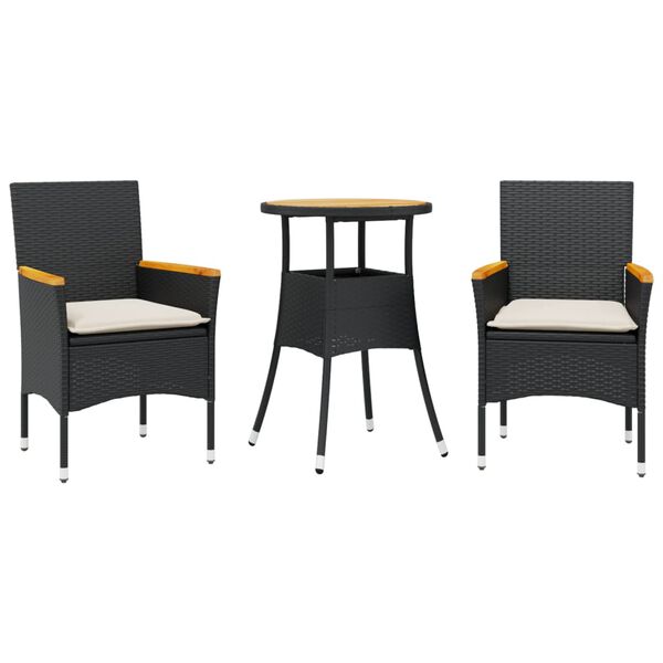 vidaXL 3 Piece Garden Dining Set with Cushions Black Poly Rattan and Acacia