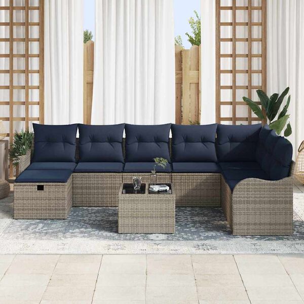 vidaXL Sofa Set with Cushion Manual 9 pcs Grey and Navy Poly Rattan