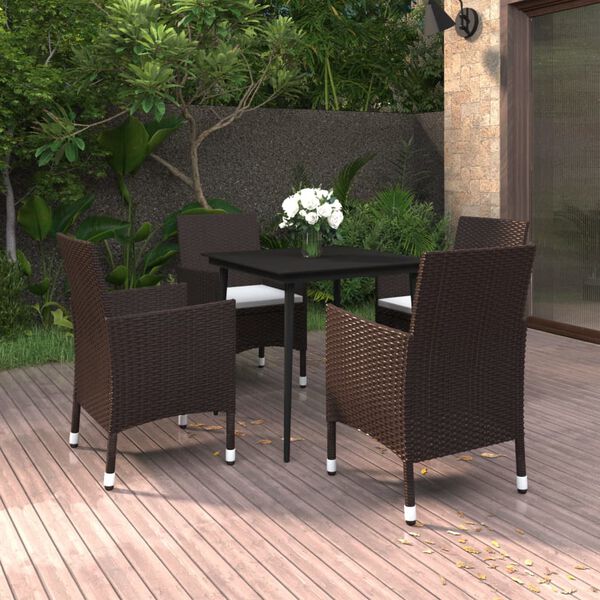 vidaXL 5 Piece Garden Dining Set with Cushions Poly Rattan and Glass