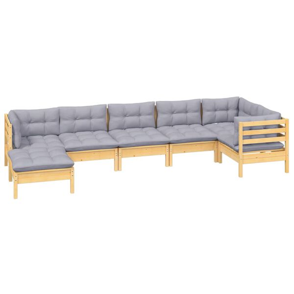 vidaXL 7 Piece Garden Lounge Set with Grey Cushions Solid Pinewood