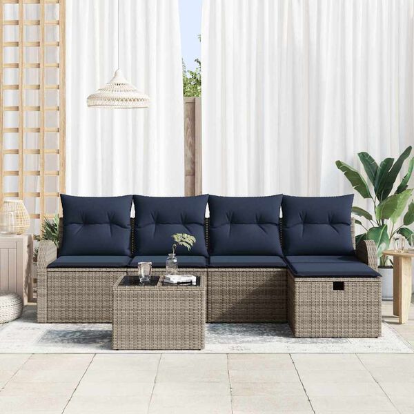 vidaXL Sofa Set with Cushion with Storage Grey and Navy Poly Rattan