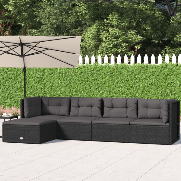 vidaXL 5 Piece Garden Lounge Set with Cushions Black Poly Rattan