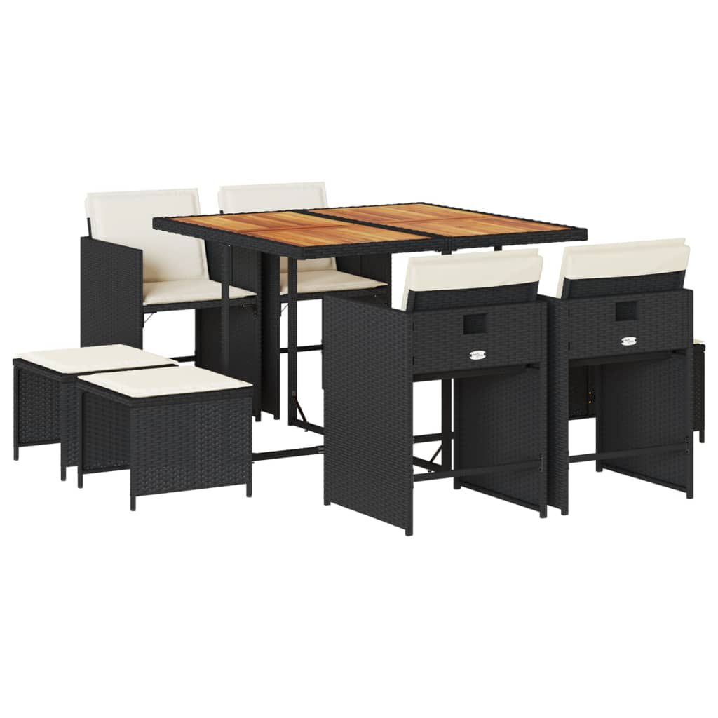 vidaXL 9 Piece Garden Dining Set with Cushions Black Poly Rattan