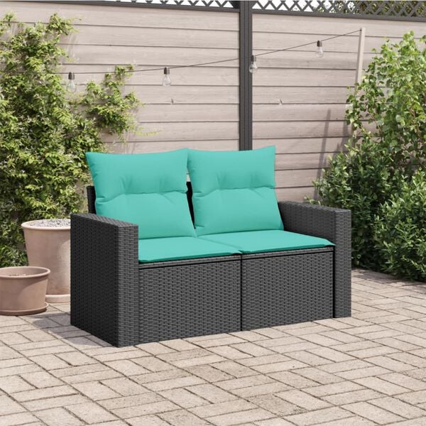 vidaXL Garden Sofa with Cushions 2-Seater Black Poly Rattan