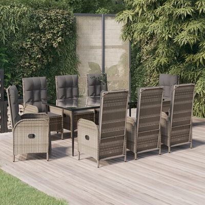 vidaXL 9 Piece Garden Dining Set with Cushions Black and Grey Poly Rattan