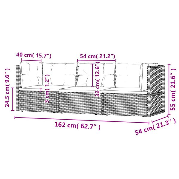 vidaXL 3 Piece Garden Lounge Set with Cushions Grey Poly Rattan