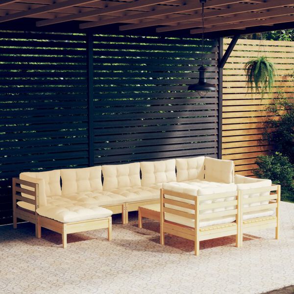 vidaXL 10 Piece Garden Lounge Set with Cream Cushions Solid Pinewood