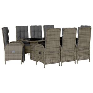vidaXL 9 Piece Garden Dining Set with Cushions Grey Poly Rattan