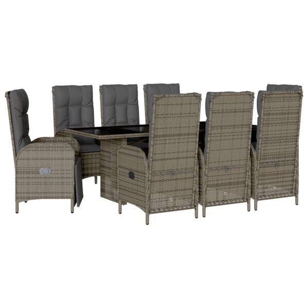 vidaXL 9 Piece Garden Dining Set with Cushions Grey Poly Rattan