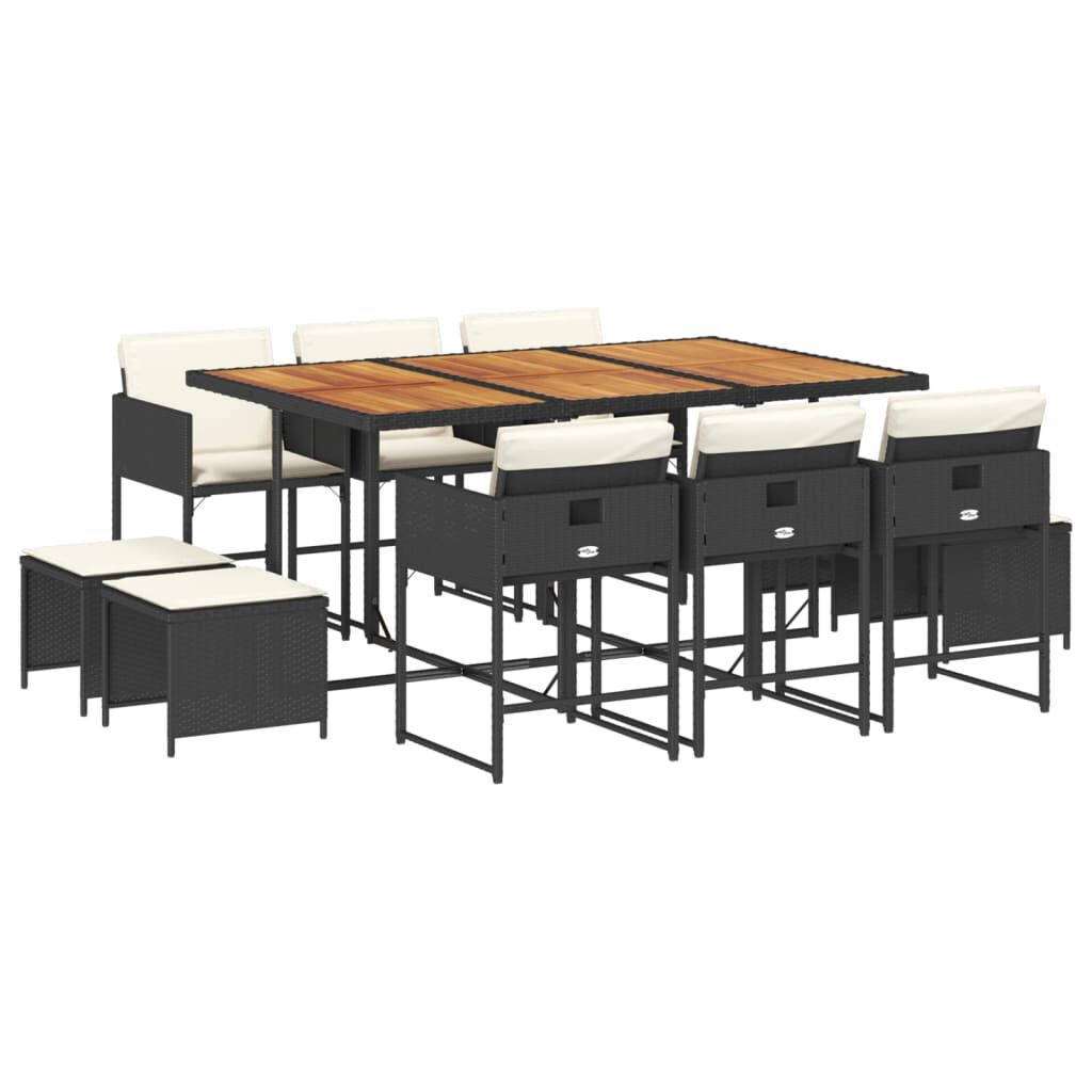 vidaXL 11 Piece Garden Dining Set with Cushions Black Poly Rattan