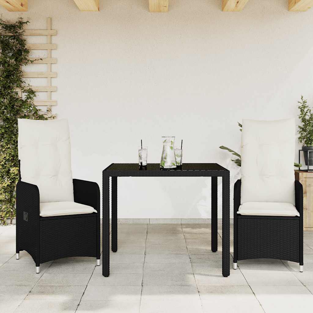 vidaXL 3 Piece Garden Bistro Set with Cushions Black Poly Rattan