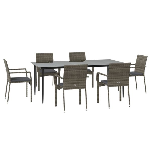 vidaXL 7 Piece Garden Dining Set with Cushions Black and Grey Poly Rattan