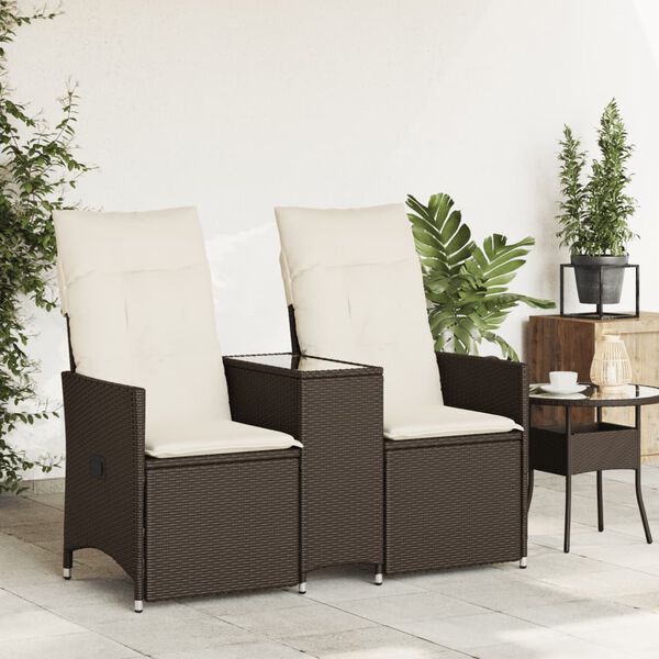 vidaXL Reclining Garden Sofa 2-Seater with Table Brown Poly Rattan