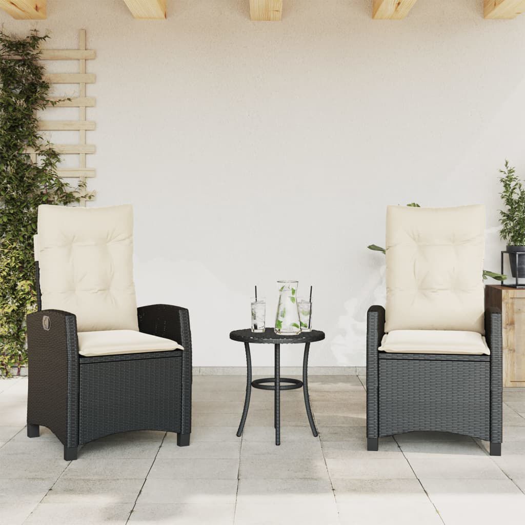 vidaXL 3 Piece Bistro Set with Cushions Black Poly Rattan