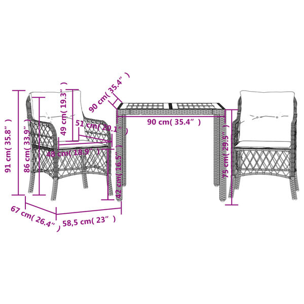 vidaXL 3 Piece Bistro Set with Cushions Black Poly Rattan