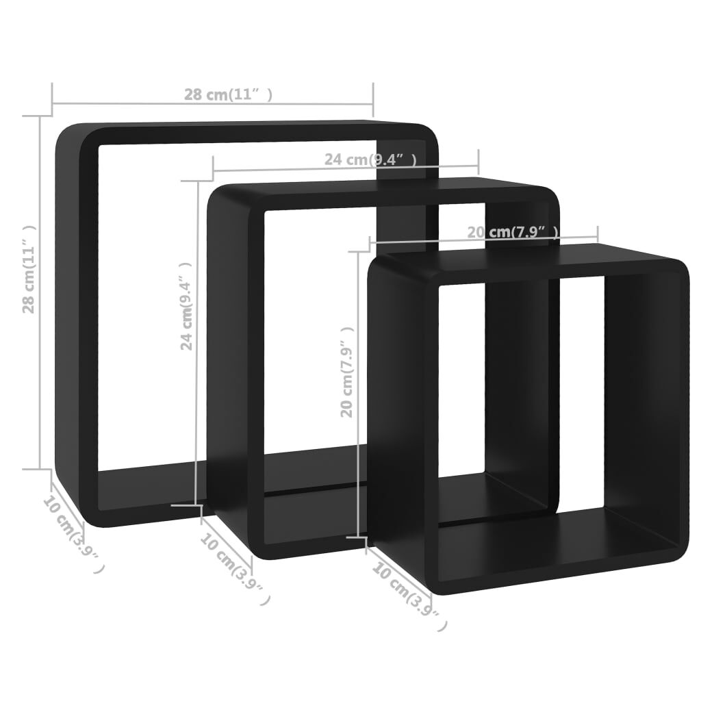 vidaXL Wall Cube Shelves 3 pcs Black MDF